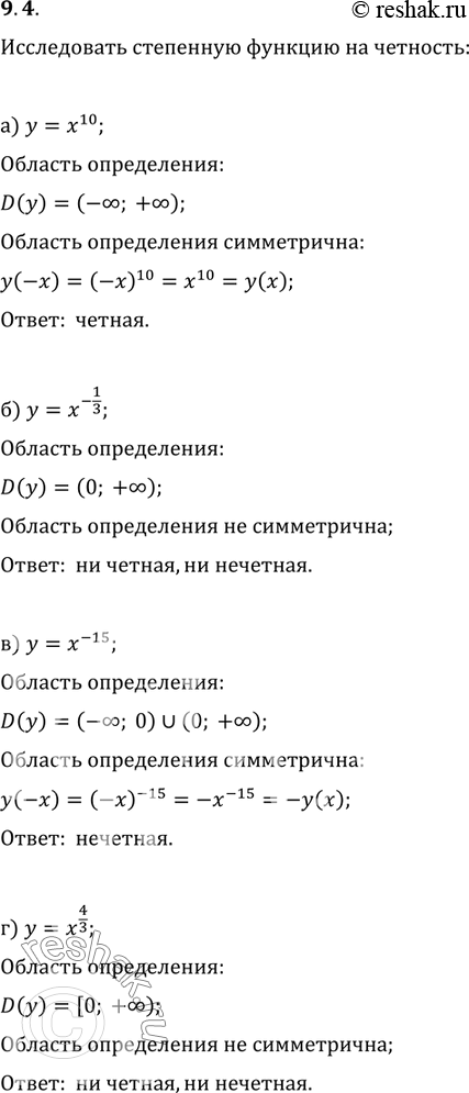 Изображение 9.4. Исследуйте степенную функцию на четность:а) у	=	х10;	б)	у	=	х	-1/3;	в)	у	=	х-15;	г)	у	=...