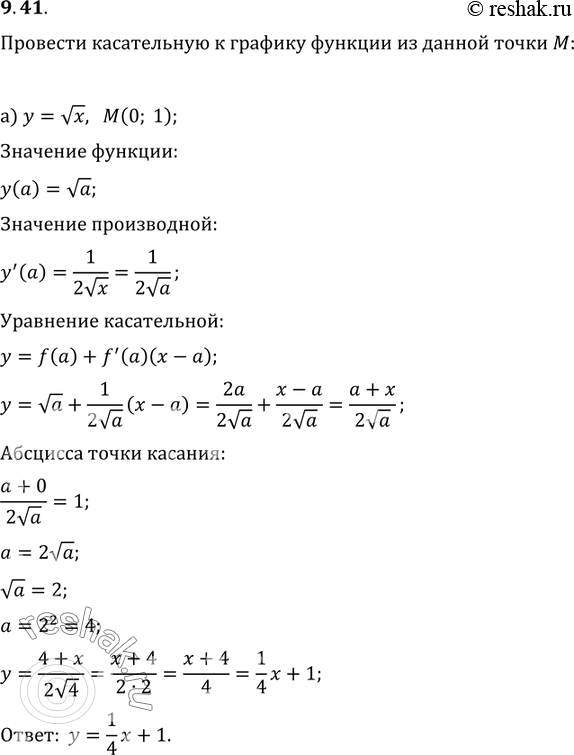 Изображение 9.41. Проведите касательную к графику функции у - f(x) из данной точки М:а) f(x) = корень x, М(0; 1);	б)	f(х)	=	х3/2	+ 4, М(0,...