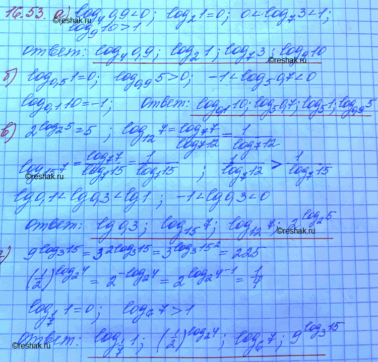  a) log4(0,9), log2(1), log7(3), log9(10);6) log0,5(1), log0,9(5), log5(0,7), log0,1(10); ) 2log2(5), log12(7), log15(7), lg0,3;)9log3(15),(1/2)log2(4), log1/7(1),...