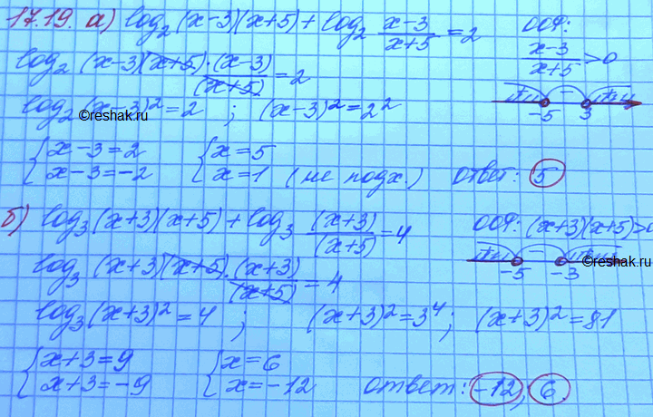  17.19 )log 2((x-3)(x+5)) + log 2 ((x-3)/(x+5))=2;log 3((x+3)(x+5)) + log 3...