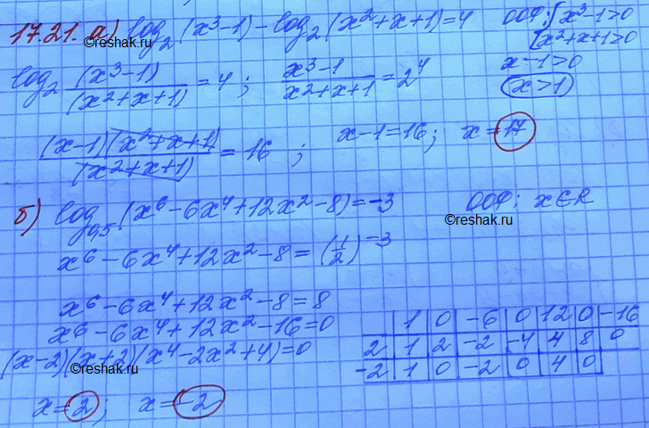   :017.21. a) log2(x3 - 1) - log2(x2 +  + 1) = 4;) log 0,5 (x6 - 6x4 + 12x2 - 8) = -3;) log 0,3(x3 + 27) - log 0,3 (x2 - 3x + 9) = -1;) log5 (x6 +...