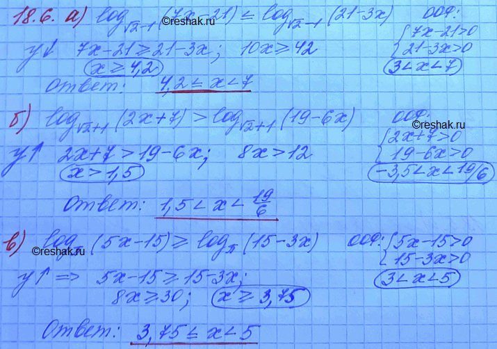  18.6. a)	log (( 2)-1)(7x - 21)     log (( 2)-1)(21	-	3);) log(( 2)+1)(2x + 7) > log(( 2)+1) + 1(19 - 6x);) log (5x - 15)...