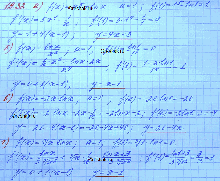 ����������� 19.32. ��������� ��������� ����������� � ������� ������� � = f(x) � ����� � ��������� � = �:�) f(x)	=	�5 - lnx, �	=	1;	�)	f(x)	=	-2xlnx,	�	=	�;�) f(x)	=lnx/x2	� =...