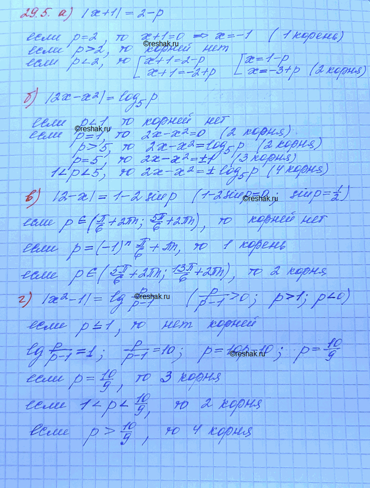 ����������� 29.5. ��� ������� �������� ��������� � ���������� ����� ������ ���������:�)|x+1|=2-p;         �) |2-x|=-1-5p;�)|2x-x2|=log5(p);     �)...