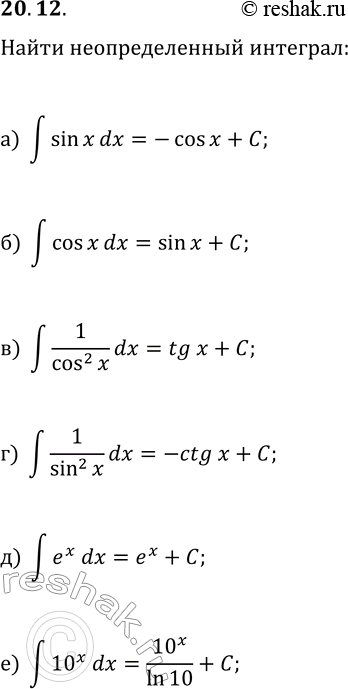  20.12.   :) ?sin(x)dx;   ) ?1/cos^2(x)dx;   ) ?e^xdx;) ?cos(x)dx;   ) ?1/sin^2(x)dx;   )...