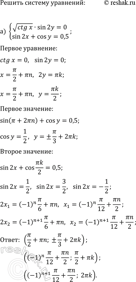 ����������� ������ ������� ���������:�) {vctg(x)�sin(2y)=0, sin(2x)+cos(y)=0,5};�) {vcos(x)�tg(2y)=0,...