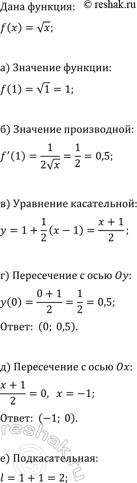����������� ���� ������� y=f(x), ��� f(x)=vx:�) ������� f(1);�) ������� f'(1);�) ��������� ��������� ����������� ��� x=1;�) ������� ����� ����������� ����������� � ����...