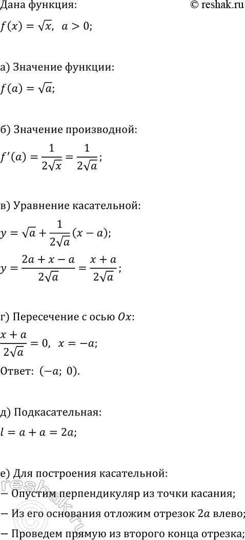 ����������� ���� ������� y=f(x), ��� f(x)=vx:�) ��� a>0 ������� f(a);�) ��� a>0 ������� f'(a);�) ��������� ��������� ����������� ��� x=a;�) ������� ����� �����������...