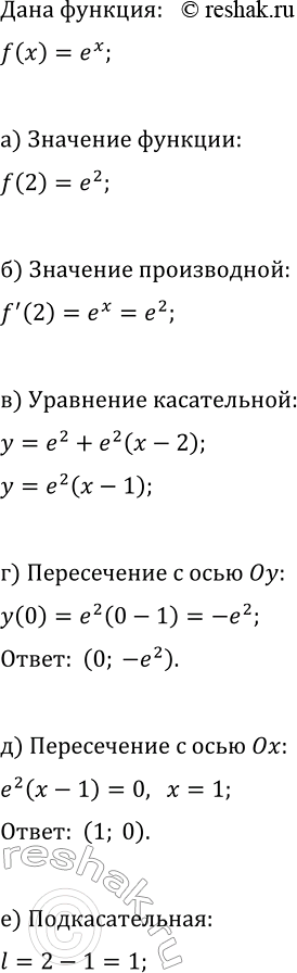 ����������� ���� ������� y=f(x), ��� f(x)=e^x:�) ������� f(2);�) ������� f'(2);�) ��������� ��������� ����������� ��� x=2;�) ������� ����� ����������� ����������� � ����...
