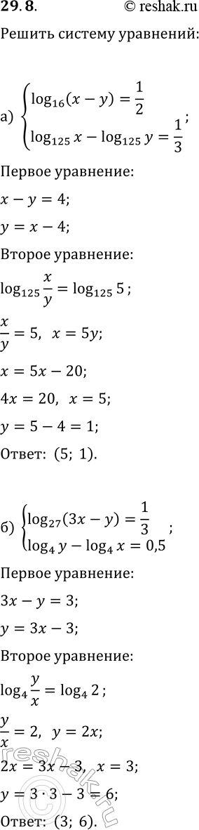  29.8.   :) {log_16(x-y)=1/2, log_125(x)-log_125(y)=1/3};) {log_27(3x-y)=1/3, log_4(y)-log_4(y)=0,5};) {log_(1/64)(x-y)=-1/3,...