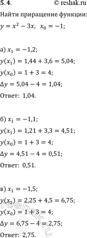  5.4.    y=x^2-3x     x_0=-1   x_1, : ) x_1=-1,2;   ) x_1=-1,5;   ) x_1=-0,8;) x_1=-1,1;   ) x_1=-0,9;   )...