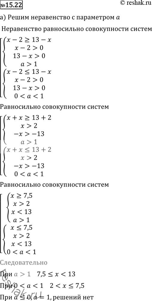  15.22 ) loga(x	- 2) >=	loga(13	- x);	) loga(x - 3) >= log3(15 -2x);) loga(4 - x) >= loga(3x-15);	) log5a(5 - x) >=...