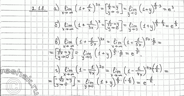  2.18 ) lim x->  (1+1/x)3x; ) lim x->  (1+1/3x)x; ) lim x->  (1+1/5x)2x; ) lim x->  (1-1/4x)2x. ...
