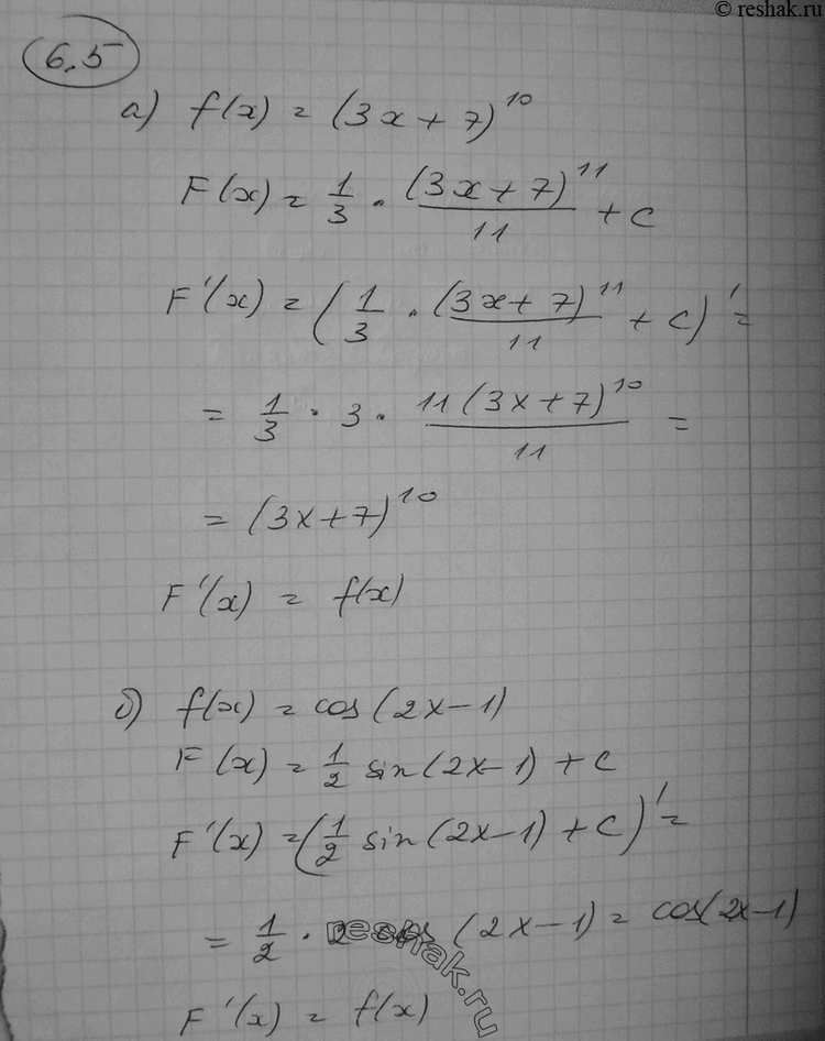  ,   F(x)     f(x),  (6.56.6):6.5 a) f(x) = (3 + 7)10, F () = 1/3* (3x+7)11/11 + ;) f(x) = cos(2x-1),...