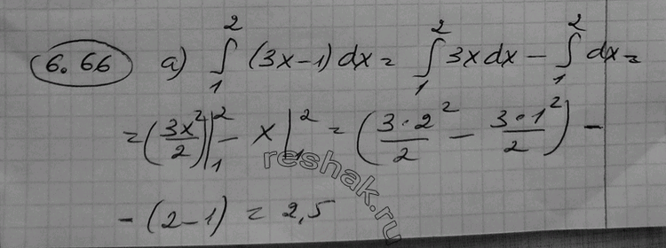  6.66 a)  (1;2) (3x-1)dx;	)  (-2;3) (x2-2x)dx;)  (0;2) (2x2+5x-6)dx;	)  (-2;1) (-2x2-x+8)dx....