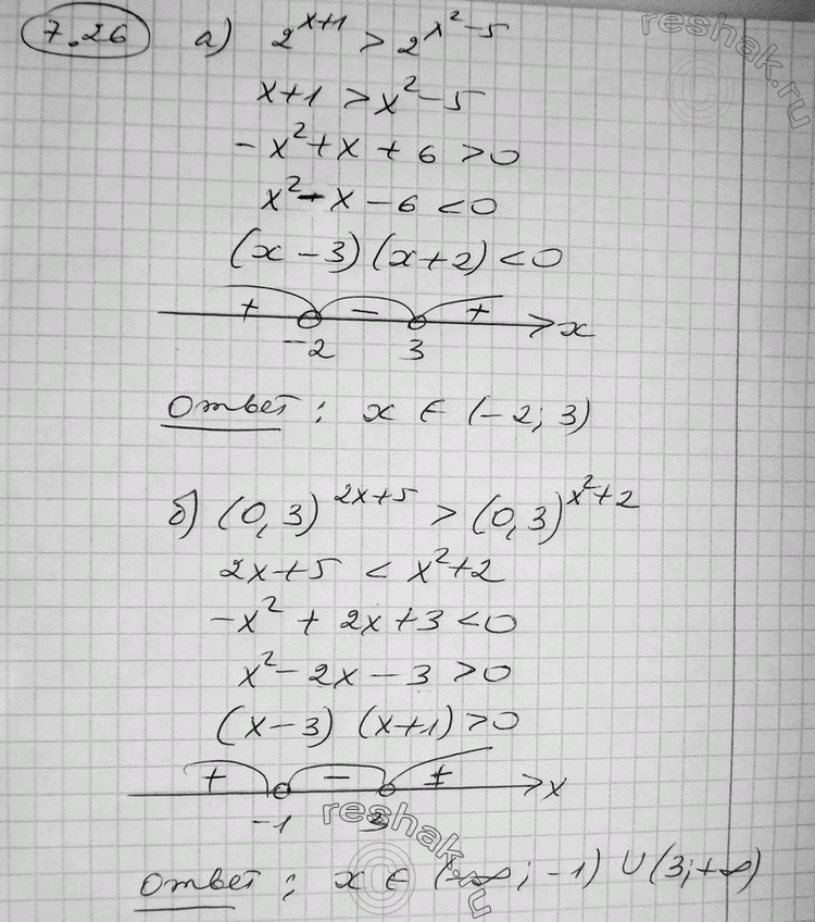  7.26 )	2^( +1) > 2^(2 - 5); ) (0,3)^(2 + 5) > (0,3)^(2 + 2);) 5^(2-9) < 5^(x2-12). ) (0,5)^(4- 7) < (0,5)^(2 -...