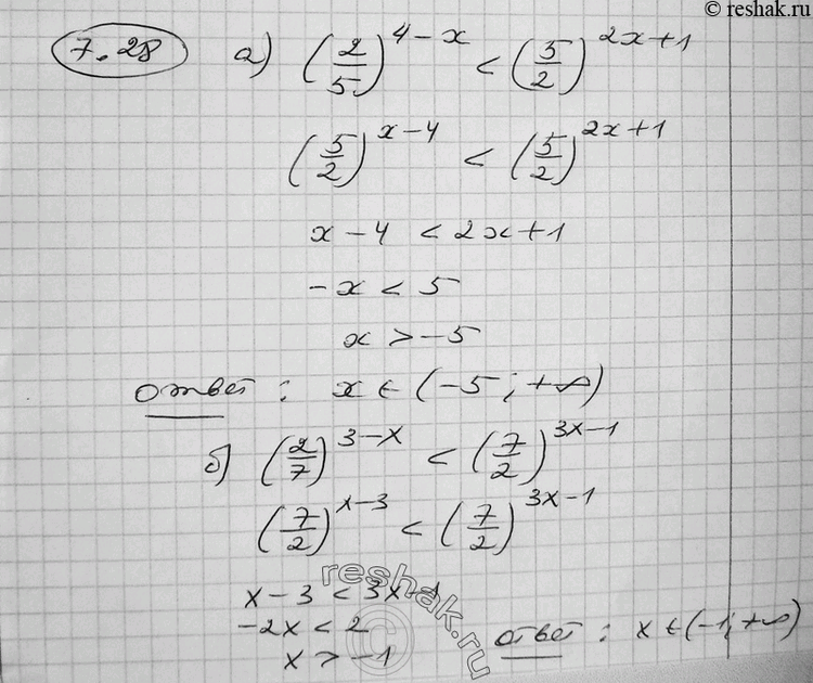  7.28 ) (2/5)^(4-x) < (5/2)^(2x+1); ) (2/7)^(3-x) < (7/2)^(3x-1);) (3/4)^(1-2x) > (4/3)^(x+5);) (2/3)^(3x-7) > (3/2)^(4x+1)....