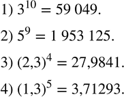 Изображение 204. Вычислить с помощью микрокалькулятора:1) 3^10;  2) 5^9;   3) (2,3)^4;   4)...