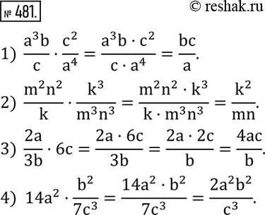 Изображение 481. Выполнить умножение:1)  (a^3 b)/c•c^2/a^4 ; 2)  (m^2 n^2)/k•k^3/(m^3 n^3 ); 3)  2a/3b•6c; 4)  14a^2•b^2/(7c^3 ). ...