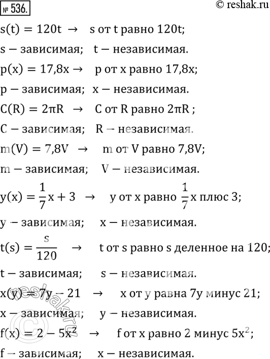 Изображение 536. (Устно.) Прочитать следующие выражения, назвать независимую и зависимую переменные:s(t)=120t;    p(x)=17,8x;    C(R)=2?R;     m(V)=7,8V;y(x)=1/7 x+3;   ...