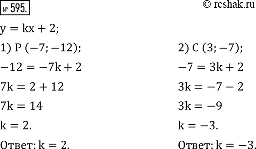Изображение 595. Найти значение k, если известно, что график функции y=kx+2 проходит через точку: 1) P (-7;-12); 2) С...