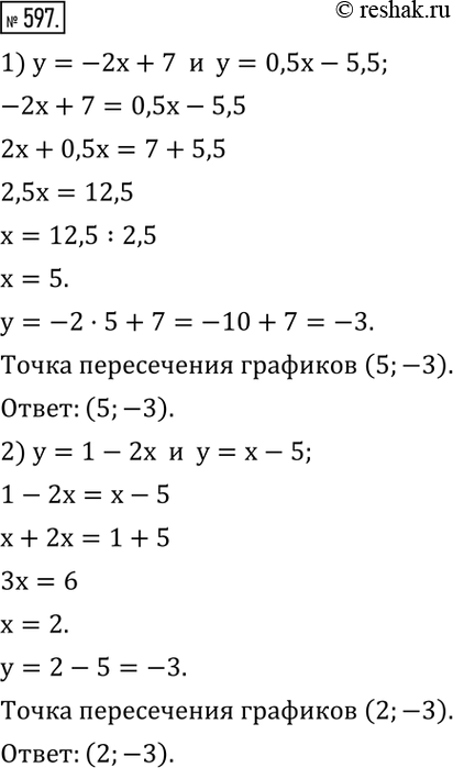 Изображение 597. Найти координаты точки пересечения графиков функций:1) y=-2x+7 и y=0,5x-5,5;      2) y=1-2x и...
