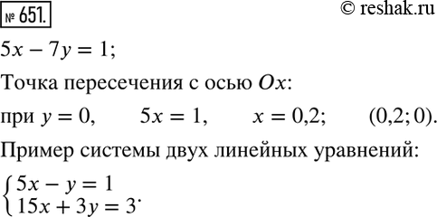 Изображение 651. Привести пример системы двух линейных уравнений с двумя неизвестными, решением которой являются координаты точки пересечения графика уравнения 5x-7y=1 с осью...