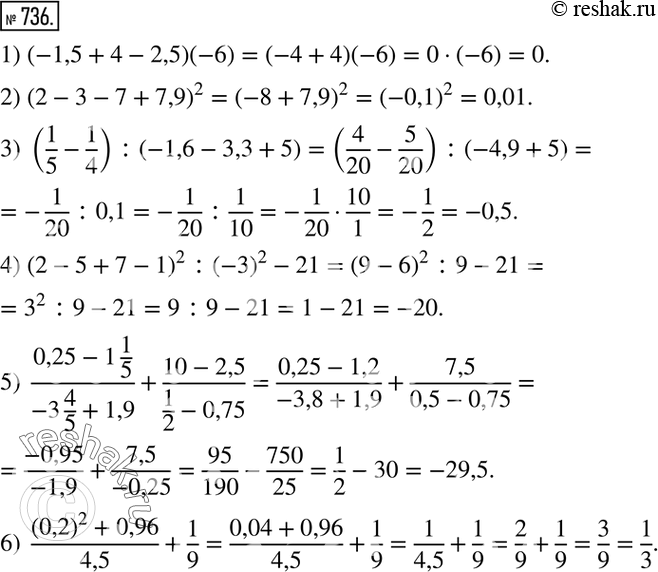 Изображение 736. Найти значение числового выражения:1) (-1,5+4-2,5)(-6); 2) (2-3-7+7,9)^2; 3) (1/5-1/4) :(-1,6-3,3+5); 4) (2-5+7-1)^2 :(-3)^2-21; 5)  (0,25-1 1/5)/(-3...