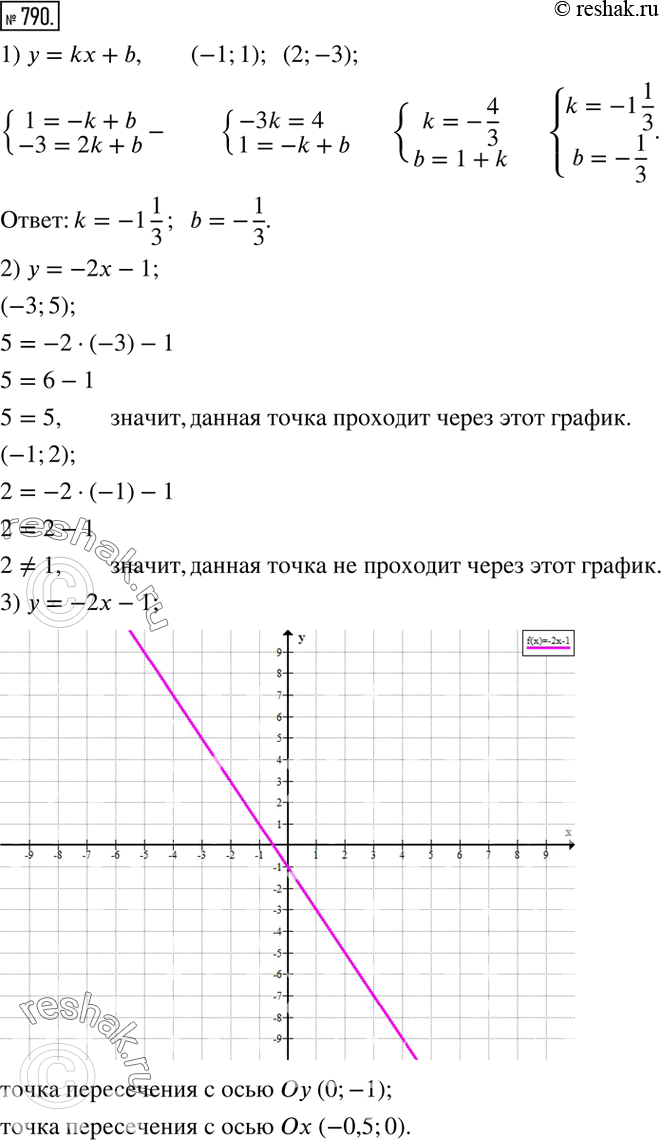 Изображение 790. 1) При каких значениях k и b график функции y=kx+b проходит через точки (-1;1), (2;-3)?2) Проходит ли график функции y=-2x-1 через точку (-3;5)? (-1;2)?3)...