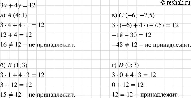 Изображение Принадлежит ли графику уравнения 3x + 4y = 12 точка:  а) А (4; 1); б) Б( 1; 3); в) С(-6; -7,5); г) Б(0;...