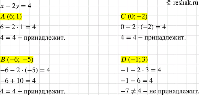 Изображение Какие из точек A (6; 1), B (-6; -5), С(0; -2), D(-l; 3) принадлежат графику уравнения x - 2у =...