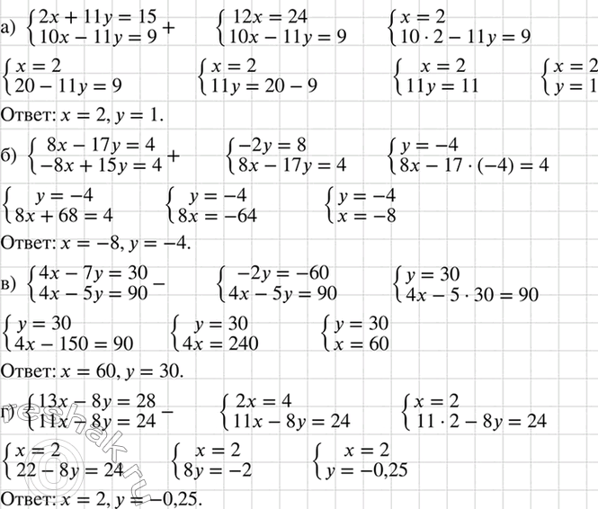 Изображение Решите систему уравнений:  а) система  2x+11y=15,  10x-11y=9;  б) система  8x-17y=4,  -8x+15y=4;  в) система  4x-7y=30  4x-5y=90;  г) система  13x-8y=28, ...