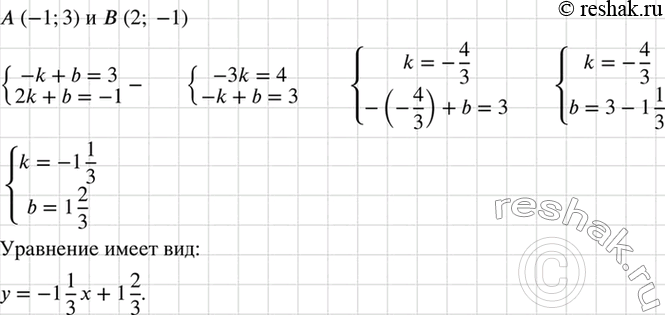 Изображение Прямая у - kx + b проходит через точки А(-1; 3) и В (2; -1). Напишите уравнение этой...