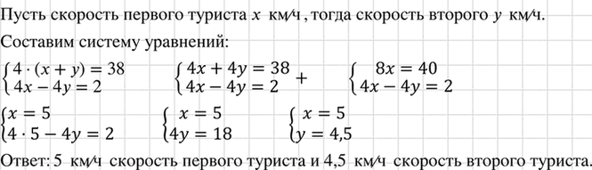 Изображение Два туриста вышли одновременно из двух городов, расстояние между которыми 38 км, и...