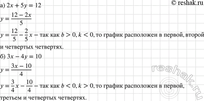 Изображение В каких координатных четвертях расположен график уравнения:  а) 2х + 5у = 12; б) 3х - 4у =...