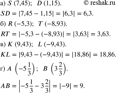 Изображение Найдите расстояние между точками:  a) S (7,45) и D (1,15);    в) К (9,43) и L (-9,43);  б) R (-5,3) и Т (-8,93);   г) A (-5 1/3) и В (3...