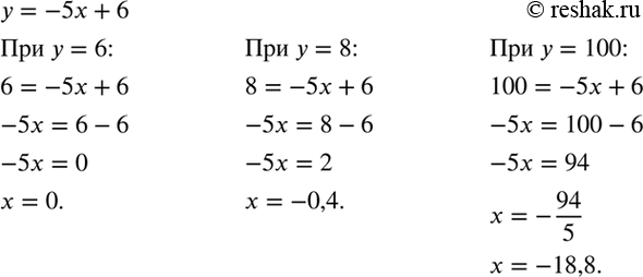 Изображение Формула у = -5х + 6 задаёт некоторую функцию. При каком значении аргумента значение функции равно 6? 8?...
