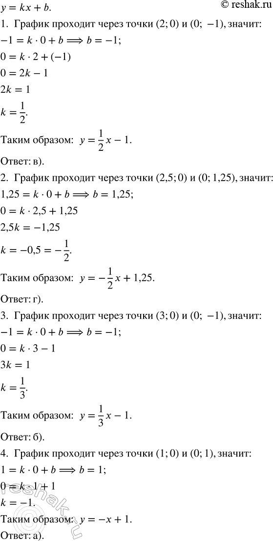 Изображение Установите соответствие между графиками функций и формулами, которые их задают.  а) у = -х + 1;     в) у = 1/2 х - 1;  б) у = 1/3x - 1;   г) у = -1/2 х +...