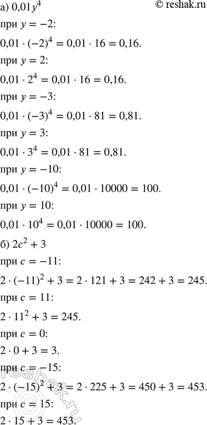 Изображение Найдите значение выражения:  а) 0,01y4 при у= -2; 2; -3; 3; -10; 10;  б) 2с2 + 3 при с = -11; 11; 0; -15;...