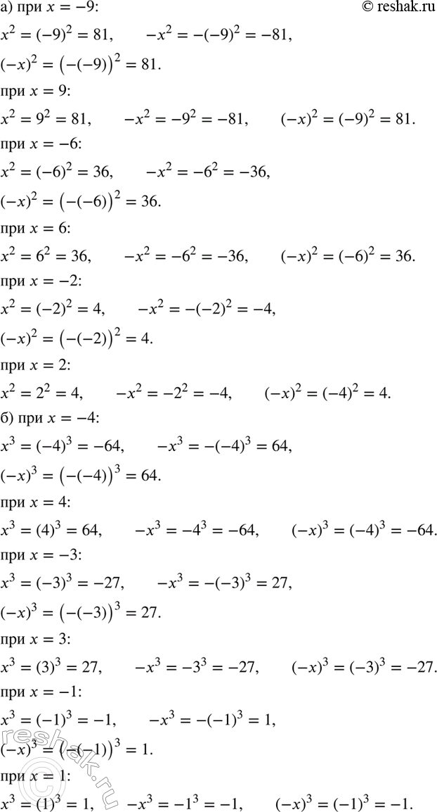 Изображение Чему равны значения выражений:  а) х2; -х2; (-х)2 при х = -9; 9; -6; 6; -2; 2;  б) х3; -х3; (-х)3 при х = -4; 4; -3; 3; -1;...