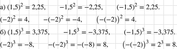 Изображение Найдите при х = 1,5 и х = -2 значения выражений:  а) х2, -х2, (—x)2; б) х3, -х3,...
