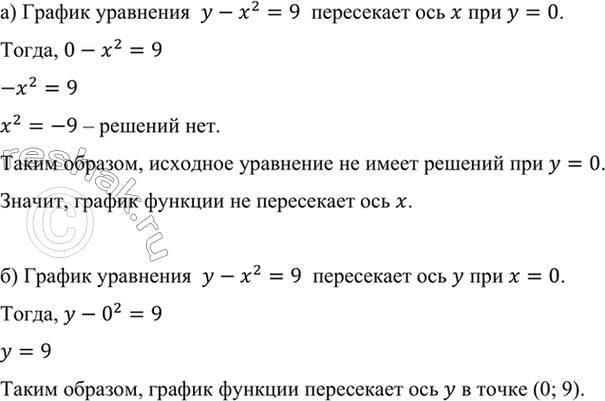 Изображение Пересекает ли график уравнения у - х2 = 9: а) ось х; б) ось у? При положительном ответе укажите координаты точек...