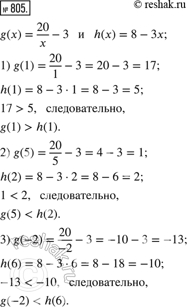  805   g(x) = 20/x - 3  h(x) = 8 - . :1) g(1)  h(1);2) g(5)  h(2);3) g(-2)  h(6)....