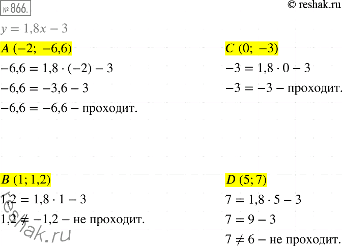  866.       = 1,8x - 3, ,        : A(-2; -6,6);  (1; 1,2);  (0; -3); D (5;...