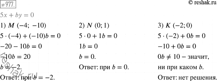  977.    b   5x + by = 0   :1)  (-4; -10);	2) N (0; 1);	3)  (-2;...