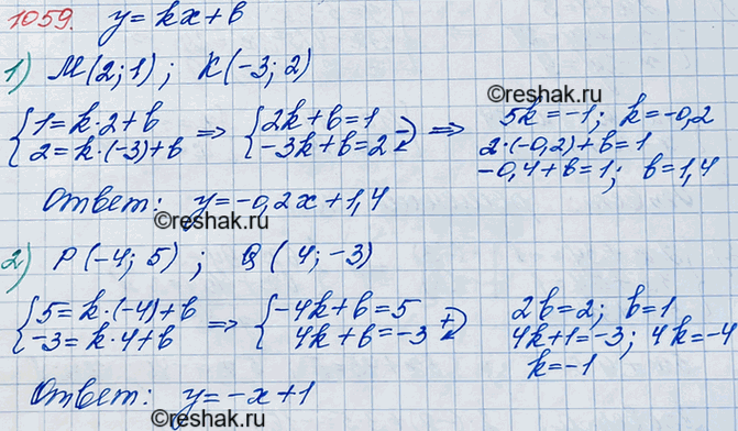 ����������� 1059. �������� ��������� ������ � = kx + b, ���������� ����� �����:1) � (2; 1) � � (-3; 2);	2) � (-4; 5) � Q (4;...