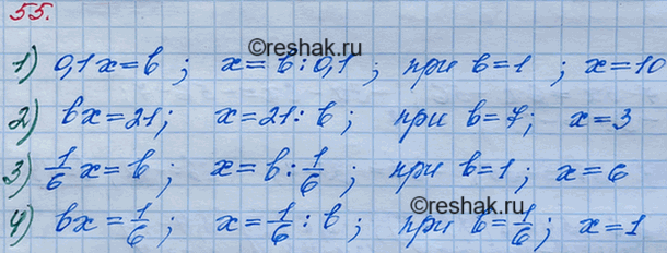 ����������� 55. ������� �����-���� �������� b, ��� ������� ����� ����� ������ ������ ���������:1)0,1 � = b;	2) b� = 21;	3) 1/6*x = 6;	4) b�...