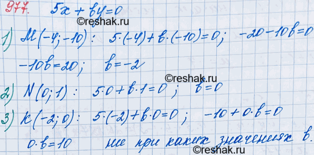 ����������� 977. ��� ����� �������� b ������ ��������� 5x + by = 0 �������� ����� �����:1) � (-4; -10);	2) N (0; 1);	3) � (-2;...