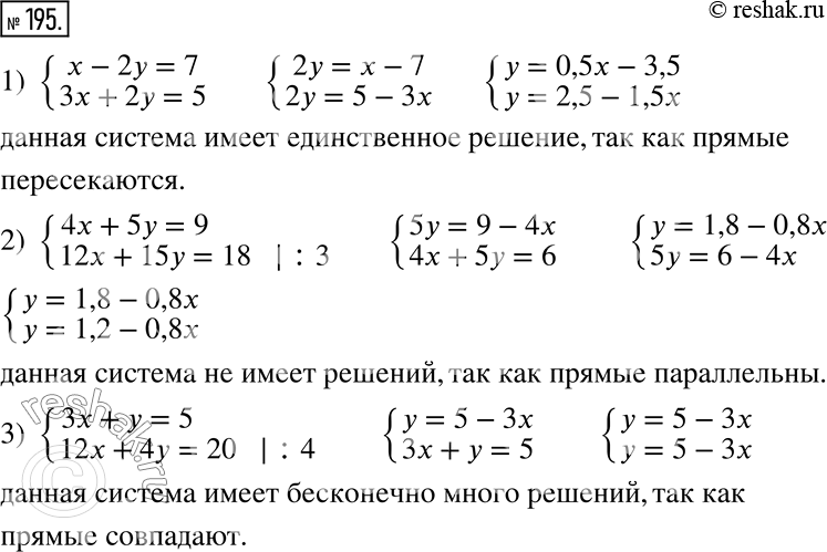  195.     :1) {(x - 2y = 7, 3x + 2y = 5);2) {(4x + 5y = 9, 12x + 15y = 18);3) {(3x + y = 5, 12x + 4y =...