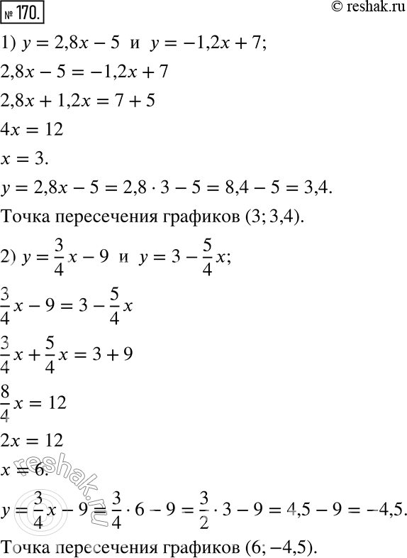  170.   ,      :1) y = 2,8x - 5  y = -1,2x + 7;2) y = 3/4 x - 9  y = 3 - 5/4...